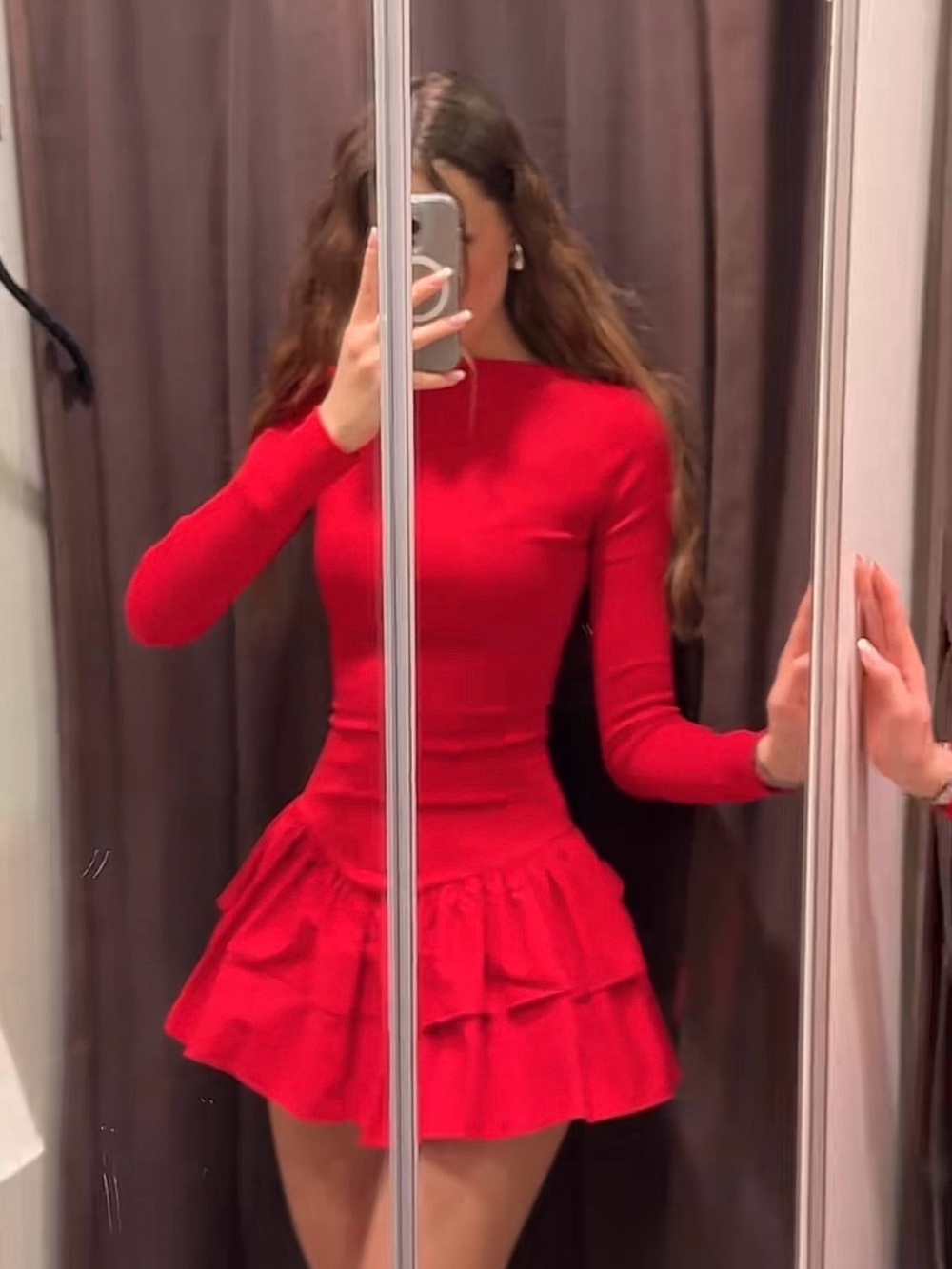 Zara Red Long-Sleeve Ruffled Mini Dress - Picture 2 of 3